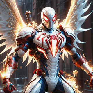 Realistic
Description of a very muscular and highly detailed [WHITE SPIDERMAN with WHITE wings], dressed in full body armor filled with red roses with ELECTRIC LIGHTS all over his body, bright electricity running through his body, full armor, letter medallion. H, H letters all over uniform, H letters all over armor, metal gloves with long sharp blades, swords on arms. , (metal sword with transparent fire blade).holding it in the right hand, full body, hdr, 8k, subsurface scattering, specular light, high resolution, octane rendering, field background, ANGEL WINGS,(ANGEL WINGS ), transparent fire sword, golden field background with red ROSES, fire whip held in his left hand, fire element, armor that protects the entire body, (SPIDERMAN) fire element, fire sword, golden armor, medallion with letter H on his chest,more detail XL,cyborg style,salttech,flower4rmor,hdsrmr,DonMPl4sm4T3chXL 