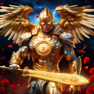 Realistic
FULL BODY IMAGE, Description of a [WHITE HUMAN TIGER WARRIOR WITH WHITE WINGS] muscular arms, very muscular and very detailed, LEFT ARM WITH HEAVY REINFORCED BRACELET with solid shield, right hand holding a transparent fire sword, dressed in golden armor full body full of red roses, helmet on head, glowing blue electricity running through his body, golden armor and completely white letter H medallion on chest, hdr, 8k, subsurface dispersion, specular light, high resolution, octane rendering , large money field background, GOLDEN WHEAT and red ROSES field background, medallion with the letter H on the chest, background Rain of gold coins and dollar bills, (GOOD LUCK) fire sword H, shield H , letter H pendant, letter H medallion on uniform, hypermuscle, H on chest, helmet that covers his ENTIRE face, FULL BODY IMAGE, super strong legs with armor with gold details