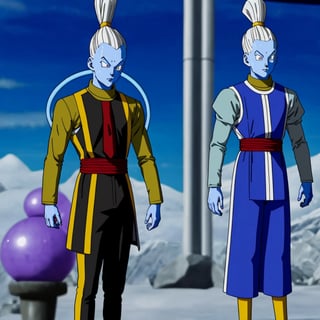 WHIS character in a man from Dragon Ball wearing a tuxedo, suit with tie, very elegant dress jacket with tie, WHIS in a man, blue skin, abundant white hair standing upright hair style with spikes