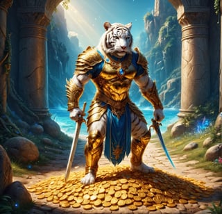 post_id=689207698547403003,post_id=670599761327527720,
REALISTIC
It is daytime and we see the full length image of a tall muscular white human tiger warrior with armor and blue sword standing on gold coins and on jewels, emeralds, rubies, sapphires, diamonds, in front of him a golden path full of treasure chests and jewelry, there is gold everywhere and solid gold letters H, letter H