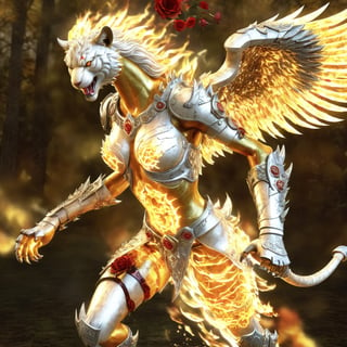 Realistic
Description of a very muscular and highly detailed [WHITE HUMAN TIGER with WHITE wings], dressed in detailed full body armor filled with red roses with armored plates all over the body, bright electricity running through its body, full armor, medallion with the letter H, metal gloves with long sharp blades, swords on the arms. , (metal sword with transparent fire blade). in right hand, full body, hdr, 8k, subsurface scattering, specular light, high resolution, octane rendering, field background, ANGEL WINGS,(ANGEL WINGS), transparent fire sword, golden field background with ROSES red, fire whip in his left hand, fire element, armor that protects the entire body,(HUMAN TIGER)fire element,sword fire,golden armor,face tiger,more detail XL,fire element,composed of fire elements,flmngprsn,NightmareFlame