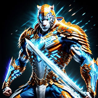 Realistic
FULL BODY IMAGE, Description of a [super MUSCULAR white HUMAN TIGER WARRIOR with TIGER head] muscular arms, very muscular and very detailed, LEFT ARM WITH HEAVY BRACELET REINFORCED with solid shield, right hand holding a FIRE SWORD, dressed in a illuminated golden armor medallion, one letter H medallion, hdr, 8k, subsurface scattering, specular lighting, high resolution, octane rendering, ILLUMINATED GOLDEN WHEAT BACKGROUND IN OPEN FIELD, FULL BODY IMAGE, tiger head, super muscular legs, more details XL, white skin, HYPER MUSCLE, FULL BODY IMAGE, VERY MUSCLE, VERY STRONG, HE HOLDS SWORD IN HIS RIGHT HAND AND SWORD IN HIS LEFT HAND AND HIS LEGS ARE VERY MUSCLE,Movie Poster,DonMF43XL,cyborg style