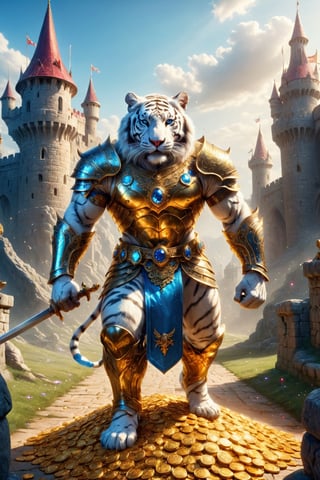 REALISTIC
It is daytime and we see the full body image of a tall and muscular white human tiger warrior with armor and sword standing on gold coins and on jewels, emeralds, rubies, sapphires, diamonds, in front of him a golden path full of chests of treasure and jewels and behind a beautiful and fantastic castle, background of a beautiful castle with flags with the letter H, the tall and muscular white human tiger warrior has a blue fire sword in his right hand and has a light blue armor and a red medallion on his chest, in his left hand a bag full of gold, treasure chests full of gold and jewels. The strong lighting from the bright sun makes the gold shine on the ground, the castle in the background looks fantastic and is full of flags with the letter H.