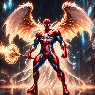 Realistic
Description of a very muscular and highly detailed [very muscular WHITE SPIDERMAN with WHITE wings], dressed in full body armor filled with red roses with ELECTRIC LIGHTS all over his body, bright electricity running through his body, full armor, letter medallion. H, H letters all over uniform, H letters all over armor, metal gloves with long sharp blades, swords on arms. , (metal sword with transparent fire blade).holding it in the right hand, full body, hdr, 8k, subsurface scattering, specular light, high resolution, octane rendering, field background, ANGEL WINGS,(ANGEL WINGS ), transparent fire sword, golden field background with red ROSES, fire whip held in his left hand, fire element, armor that protects the entire body, (SPIDERMAN) fire element, fire sword, golden armor, medallion with letter H on his chest,more detail XL,cyborg style,salttech,flower4rmor,