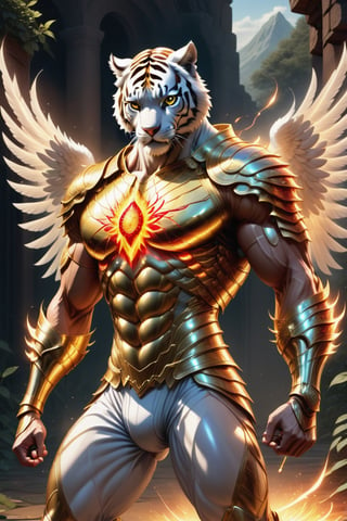 Realistic
Description of a [Male WHITE TIGER Human with WHITE wings] very muscular arms, very muscular legs, dressed in golden full body armor, bright electricity running through his body, full armor, letter medallion. H, metal gloves with long, sharp blades, swords on the arms. , (metal sword with transparent fire blade). in right hand, full body, hdr, 8k, subsurface scattering, specular light, high resolution, octane rendering, field background, ANGEL WINGS,(ANGEL WINGS), transparent fire sword, golden field background with ROSES red, fire whip in his left hand, fire element, armor that protects the entire body, (male HUMAN TIGER) fire element, fire sword, golden armor, tiger face, very muscular body, muscular body,skin white,very muscular giant,
TIGER face.GIANT MUSCLE,
TIGER face,more detail XL