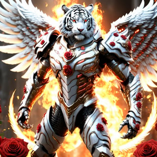Realistic
Description of a very muscular and highly detailed [WHITE HUMAN TIGER male with WHITE wings], dressed in detailed full body armor filled with red roses with armored plates all over the body, bright electricity running through its body, full armor, medallion with the letter H, metal gloves with long sharp blades, swords on the arms. , (metal sword with transparent fire blade). in right hand, full body, hdr, 8k, subsurface scattering, specular light, high resolution, octane rendering, field background, ANGEL WINGS,(ANGEL WINGS), transparent fire sword, golden field background with ROSES red, fire whip in his left hand, fire element, armor that protects the entire body,(HUMAN TIGER male)fire element,sword fire,golden armor,face tiger,detailmaster2,cyborg