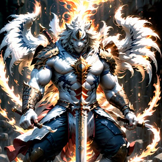 Realistic
[A WHITE HUMAN TIGER KNIGHT], muscular arms, very muscular, ,Medallion with the letter H, (((Metal bracelets with long sharp blades, swords on the arms))), (metal sword with transparent fire blade) .holding it with right hand, full body, hdr, 8k, subsurface scattering, specular light, high resolution, octane rendering, ANGELS background,(((ANGELS PROTECTING THE HUMAN TIGER ))), transparent fire sword, whip of fire held in his left hand, (((BACKGROUND FULL OF ANGELS WITH WHITE WINGS PROTECTING THE HUMAN TIGER))),