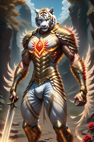 Realistic
Description of a [Male WHITE TIGER Human with WHITE wings] very muscular arms, very muscular legs, dressed in golden full body armor, bright electricity running through his body, full armor, letter medallion. H, metal gloves with long, sharp blades, swords on the arms. , (metal sword with transparent fire blade). in right hand, full body, hdr, 8k, subsurface scattering, specular light, high resolution, octane rendering, field background, ANGEL WINGS,(ANGEL WINGS), transparent fire sword, golden field background with ROSES red, fire whip in his left hand, fire element, armor that protects the entire body, (male HUMAN TIGER) fire element, fire sword, golden armor, tiger face, very muscular body, muscular body,skin white,very muscular giant,
TIGER face.GIANT MUSCLE,
TIGER face,more detail XL