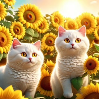 REALISTIC
CUTE WHITE CATS playing among sunflowers and roses, several white cats playing with sunflowers and roses, hdr, 8k, subsurface scattering, specular light, high resolution, octane rendering,