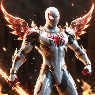 Realistic
Description of a very muscular and highly detailed [WHITE SPIDERMAN with WHITE wings], dressed in full body armor filled with red roses with ELECTRIC LIGHTS all over his body, bright electricity running through his body, full armor, letter medallion. H, H letters all over uniform, H letters all over armor, metal gloves with long sharp blades, swords on arms. , (metal sword with transparent fire blade). in right hand, full body, hdr, 8k, subsurface scattering, specular light, high resolution, octane rendering, field background, ANGEL WINGS,(ANGEL WINGS), transparent fire sword, golden field background with ROSES red, fire whip in his left hand, fire element, armor that protects the entire body, (SPIDERMAN) fire element, fire sword, golden armor, medallion with letter H on his chest,fire element