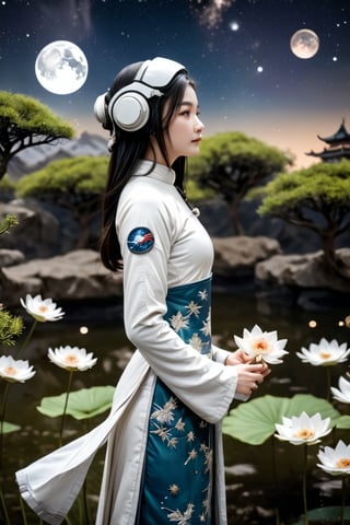 "The beautiful girl is dressed in a traditional Chinese costume, Hanfu, with intricate embroidery, flowing and graceful, (wearing a modern astronaut helmet), the visor of which reflects the tranquil beauty of nature, perhaps a lush landscape or a starry sky, adding a sense of wonder and adventure. The background is cleverly detailed to enhance the focus on the girl, blending elements of tradition and exploration in a harmonious and visually captivating way.",astronaut_flowers,aodaixl,anime,ParallelObserver