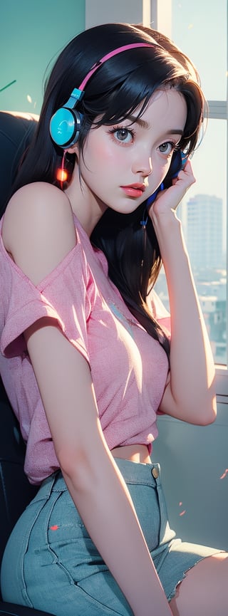 A beautiful Chinese girl wearing an evergreen shirt and pinky gaming headphones, playing computer games, one shoulder, sitting on an office chair, holding her cheek with one hand, black extra long hair, clear hair, tired expression , looking at the lens lazily, super wide angle, backlighting, light and dark effects, realistic style,