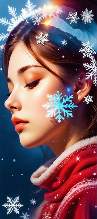 80% screen snowflake border silhouette double exposure, girl and portrait, pretty girl face with eyes closed, HD, 8k, vivid