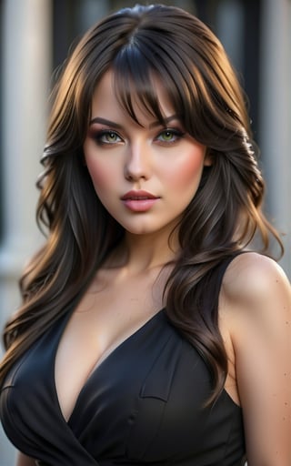 (best quality, 4k, 8k, high resolution, masterpiece: 1.2), ultra detailed, (realistic, photo-realistic, photo-realistic: 1.37), 1 girl, solo, looking at viewer, long hair, bangs, black hair, black dress, open lips, (black and black dress: 1.2), professional photography