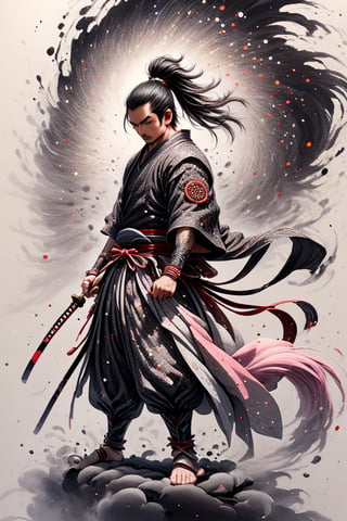 man, samurai, ninja ink painting, chinese ink painting, smoke, glitter, chibi, ukiyoe, colorful