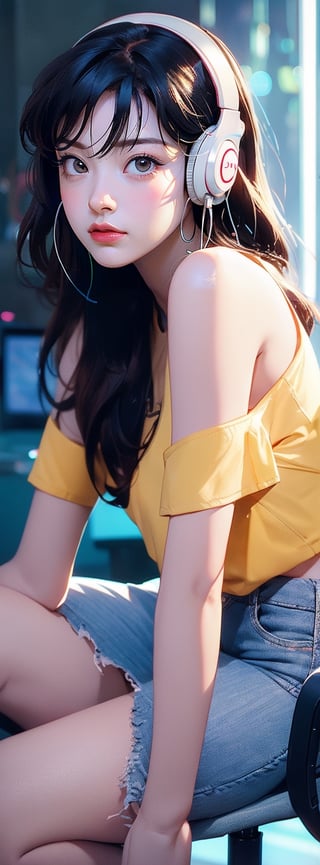 A beautiful Chinese girl wearing a yellow shirt, wearing pinky gaming headphones, playing computer games, one shoulder, sitting on an office chair, holding her cheek with one hand, black super long hair, clear hair, tired expression, Look at the lens lazily, super wide angle, backlighting, light and dark effects, realistic style,