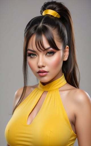 (best quality, 4k, 8k, high resolution, masterpiece: 1.2), ultra detailed, (realistic, photo-realistic, photo-realistic: 1.37), 1 girl, solo, looking at viewer, ponytail, bangs, black hair, yellow dress, open lips, (yellow and yellow dress: 1.2), professional photography
