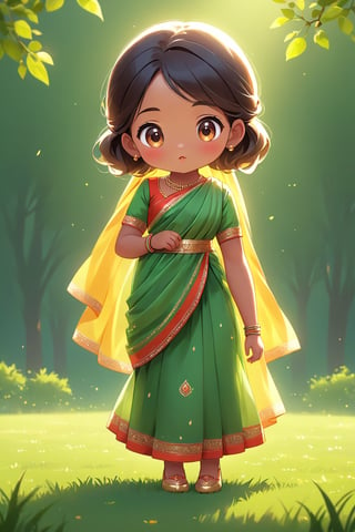 children's Q version, Q version standing on the grass, cute digital painting, clean background cute digital art, cute and detailed digital art, cute cartoon characters, beautiful character drawings, Indian girl, realistic cute girl drawings, beautiful digital artwork, palace, girl in saree, cute characters, cute cartoon, digital cartoon drawing art, Guviz style artwork