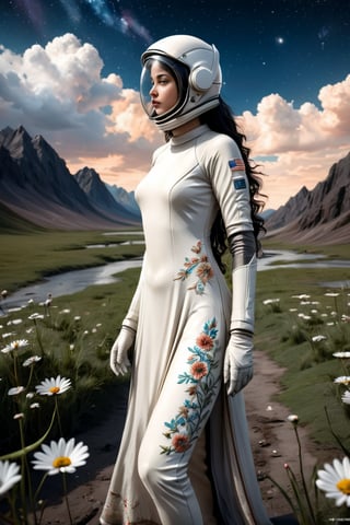 "The beautiful girl is dressed in a sari, a traditional Indian dress with intricate embroidery, flowing and graceful, (wearing a modern astronaut helmet). The visor of the helmet reflects the tranquil beauty of nature, perhaps a lush landscape or a starry sky, adding a sense of wonder and adventure. The background is cleverly detailed to enhance the focus on the girl, blending elements of tradition and exploration in a harmonious and visually captivating way.",astronaut_flowers,aodaixl,anime,ParallelObserver
