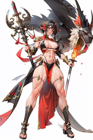 gladiator women, full body, full_body, white background, bikini armor, armor skirt
,1girl, fire_dragon, scale on skin, hold_sword, holding_weapon, 