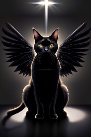 angle cat, real cat, no human, black,  wings, holy light