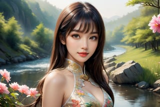 (masterpiece, top quality, best quality, official art, beautiful and aesthetic:1.2), hdr, high contrast, wideshot, 1girl, long black straight hair with bangs, looking at viewer, relaxing expression, clearly brown eyes, longfade eyebrow, soft make up, ombre lips,full breasts , hourglass body, finger detailed, BREAK wearing half naked floral cheongsam, holding flower, (smeling flower), (spring season theme:1.5), windy, spring forest background detailed, ambient lighting, extreme detailed, cinematic shot, realistic ilustration, (soothing tones:1.3), (hyperdetailed:1.2),detailed part,open eyes, seductive eyes, smile,beutiful  forest in the background, standing next to a beautiful creek, night time, steampunk style,mecha,4nime style,4k.,glitter,LinkGirl,dragon