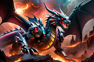 dragon and tyranasrous rex_hybrid spawned from the heavens, menicing, fearsome, angry, roaring, dark black and red cosmic sky,  looming cosmic landscape, smoke and fog.,glitter,dragon,Fire Angel Mecha