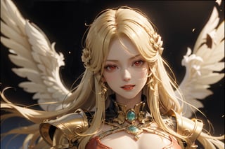 (((Olympus background))), (night), (((blonde_hair:1.3))), (longhairstyle:1.4), ((red eyes)), ((1 mature woman:1.3)), (busty), Normally developed, best quality, extremely detailed, HD, 8k, (evil smile), (evil face), (red_armor),  angel_wings, sfw, (red lips),1 girl,GdClth,1girl,leoarmor