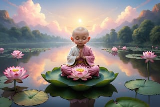  In the sky, there are white clouds,A thin little monk about 10 years old, a solemn and kind appearance, his eyes closed, With hands clasped together, he sat on a lotus platform , on the lake.pink lotus.