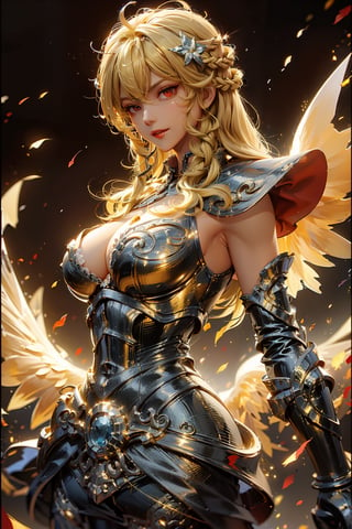 (((Olympus background))), (night), (((blonde_hair:1.3))), (longhairstyle:1.4), ((red eyes)), ((1 mature woman:1.3)), (busty), Normally developed, best quality, extremely detailed, HD, 8k, (evil smile), (evil face), (black_armor),  angel_wings, sfw, (red lips),1 girl,GdClth,1girl,leoarmor,DonM3l3m3nt4l