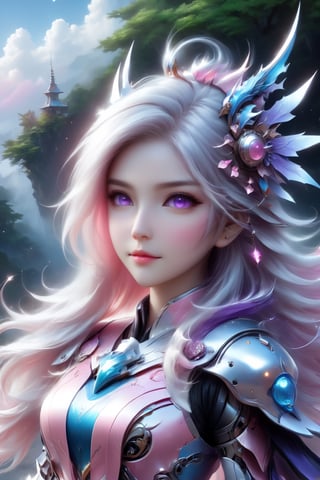(full length view:1.5), (pink background:1.5), (masterpiece, best quality:1.33), Meet a Girl robot, 20-year-old robot companion, round azure eyes. Mountain, water, trees, a cute baby red dragon, Its charming head is predominantly adorned in a delightful blend of sky blue and purple, leaning more towards the pristine white shade. The round face exudes an endearing appeal, paired with a petite armored body that adds to its adorable nature. All set against a clean and immaculate white background, this girl robot encapsulates the perfect fusion of cuteness and innovation, happy smile, (high quality, 8k, best composition, symmetry, aesthetic), (made in adobe illustrator:1.33), 

front_view, (1girl, looking at viewer), white long hair, black metalic mechanical_armor, dynamic pose, delicate pink filigree, intricate filigree, black metalic parts, intricate armor, detailed part, open eyes, seductive eyes, steampunk style,mecha,4nime style,DonMPl4sm4T3chXL ,xxmix_girl,mythical clouds,EpicSky,cloud,Sci-fi,LinkGirl,Chibi Style,DonMB4nsh33XL 