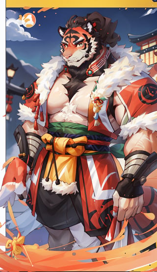1 kemono mature male, colorful furred, solo, 4K,  masterpiece, ultra-fine details, full_body, thick arms, prominent ear, thick eyebrow, Argus-eyed, big_muscle,  muscular thighs, tall, Muscular,
Japanese summer festival,tiger face