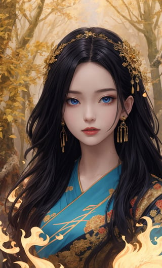 (Masterpiece, Top Quality, Best Quality, Official Art, Ethereal, Beauty & Aesthetics), Cute, Extremely Detailed, Abstract, Fractal Art, Black Hair, Long Hair, Destiny Collection, Colorful, Most Detailed, Fire, Ice, Lightning, Jewelry, black and gold Hanfu, landscape, ink, (ink line: 1.1), luminous backlight, Lothlorien, 4k,sunlight,EpicArt,High detailed ,Hori
