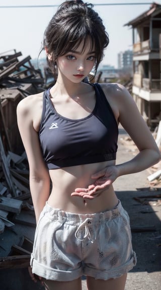 looking_at_viewer,((birdeye_lens))Detailedface,little_cute_girl,In this shot of an abandoned high-rise building, the photographer used outstanding creativity and skills to present a shocking picture. The female model is wearing a black sports bra and short shorts, standing among the ruins of the high-rise building, showing a strong contrast. Her posture is elegant and confident, as if she has found her own stage in the ruins, showing a strong inner strength.

The photographer chose a high-altitude perspective and captured the beautiful light and shadow under the sunset through the holes in the abandoned high-rise buildings. The sun shines through the cracks in the broken wall, casting mottled light spots, creating a mysterious and dreamy atmosphere. These lights and shadows intersect on the female model, outlining her slender figure and lines, making the whole picture full of drama and expressiveness.

The female model's black sports bra and short shorts contrast strongly with the abandoned building background, highlighting her beauty and strength. This contrast not only makes the image more impactful, but also conveys a message of vitality and tenacity. Special filters and color correction in post-processing enhance the artistic sense of the picture, making the entire scene look more beautiful and dreamy.

When viewers appreciate this photo, they will not only be attracted by the beauty in the picture, but also think about the relationship between life and ruins in the contrast, and feel the passage of time and the tenacity of life. Through the collision of vision and emotion, this photo triggers the viewer to think deeply and reaches the height of photographic art.