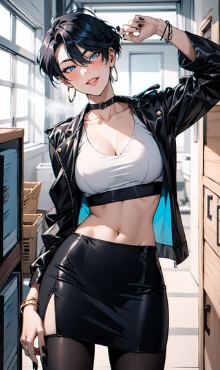 1girl,  solo,  breasts,  looking at viewer,  blush,  smile,  short hair,  bangs,  skirt, black_ hair,  navel,  cleavage, blue_eyes,  jewelry,  medium_breasts,  standing,  jacket,  black_pantyhose,  multicolored hair,  cowboy shot,  sweat,  earrings,  parted lips,  choker,  midriff,  miniskirt,  black skirt,  necklace,  nail polish,  bracelet,  crop top,  head tilt,  gradient,  fishnets,  black nails,  zipper,  pencil skirt,  cropped jacket,  contrapposto,  fishnet pantyhose,  yellow jacket,  navel piercing, 

indoors, storage room, dim_light, back_light, 
short hair, haruka, mature female, Tomboy, Handsome Tomboy, (Hands:1.1),  , better_hands,,,,
