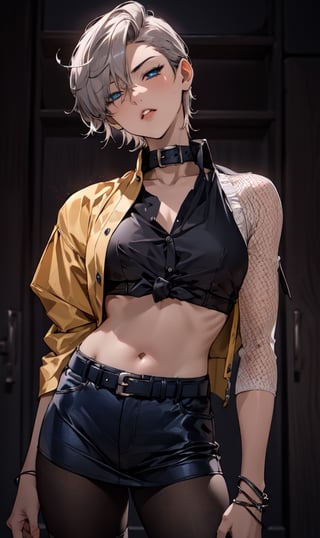 1girl,tomboy,solo,standing,leg_spread,from_below_shot,cowboy_shot,
(focus_lowerbody,closeup lowerbody),hand_on_waist,armpit,

,mature female,short hair,black_hair,long-bangs,handsome_hairstyle,messy_hair,one-eye cover by bangs,blue_eyes,middle_breasts,curvy_figure,thick_hips,full_thighs,
huge_body,tall female,


poker_face,

(sleeveless_shirt),garter_strap, white_shirt, collared shirt,(black_stocking:1.3),(navyblue_skirt:1.2),(blue_tie:1.2),(blue-pleated_skirt),belt,school_uniform,

indoors,storage room,dim_light,back_light,
short hair,haruka,Tomboy,Handsome Tomboy,(Hands:1.1), ,better_hands