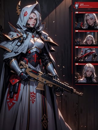 1girl, solo, breasts, looking at viewer, bangs, simple background, red eyes, thighhighs, dress, holding, medium breasts, closed mouth, standing, weapon, white hair, belt, sword, hood, medium hair, holding weapon, armor, black dress, gun, facial mark, black background, shoulder armor, gauntlets, holding gun, hood up, skull, mechanical arms, cyborg