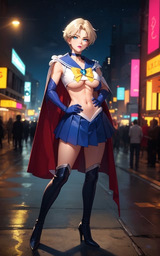 (highres, high quality:1.2), 1girl,haruka,intricate details, cinematic lighting, sharp focus, depth of field, 1girl, mature female, hands on hips, cowboy shot, looking at viewer, cityscape, night, city light, determined,blone hair,short hair, 
 tiara, yellow ribbon,choker, hair intakes, makeup, lipstick, (mole under mouth:0.8), eyelashes, yellow eyes, detailed face, red cape, (underboob:1.1),(blue mini_skirt:1.1),blue bra, white elbow gloves, , center opening, highleg panties, thigh boots, (multicolored clothes:1.1)midriff,short hair,blue eyes,Ingrid,
sailor senshi uniform, sailor collar, tiara, sailor senshi, yellow ribbon, gloves, choker,Ingrid,Read description!