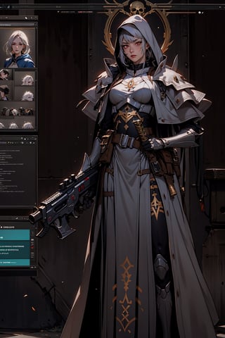 1girl, solo, breasts, looking at viewer, bangs, simple background, red eyes, thighhighs, dress, holding, medium breasts, closed mouth, standing, weapon, white hair, belt, sword, hood, medium hair, holding weapon, armor, black dress, gun, facial mark, black background, shoulder armor, gauntlets, holding gun, hood up, skull, mechanical arms, cyborg