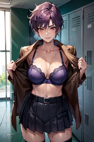 (masterpiece, best quality:1.3),highres,female_solo,mature_female,haruka,aakusanagi, NonoharaMikako,short hair, purple hair,red eye,large breasts,smile,makeup, eye shadow,
brown jacket,opened brown jacket,opened shirt,
wet white_shirt,dark blue pleated miniskirt,leather_belt,black stockings,standing,
Sweating,seductive stance
in locker room,corner,
cowboy_shot
,Shirt buttons unbuttoned to reveal breasts and blue bra