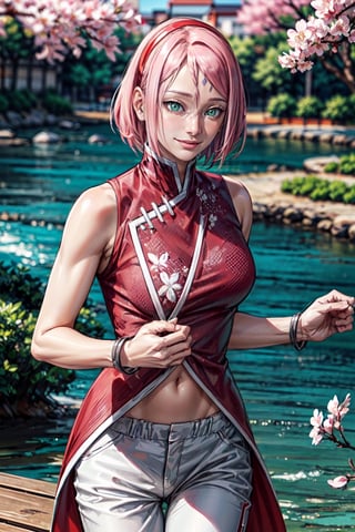 (best quality:1.4),  (detailed:1.3),  (RAW photo:1.2),  (realistic:1.3),  highres,  intricate, 8K quality , cinematic lighting, light skin, woman, forehead mark, red hairband, red sleeveless dress, white pants, groin, cherry blossom, large lake, smiling, haruno sakura