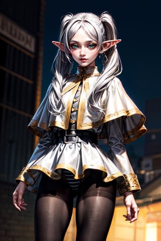 (best quality:1.4),  (detailed:1.3),  (RAW photo:1.2),  (realistic:1.3),  highres,  intricate, 8K quality , cinematic lighting, woman,  grey hair, twin_tails, green eyes, pointy ears, elf, light skin,( beautiful clean eyes:1.1), shirt, long sleeves, jewelry, pantyhose, earrings, striped, black pantyhose, capelet, striped shirt, front view, thighs focus,frieren