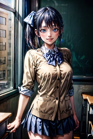 (best quality:1.4),  (detailed:1.3),  (RAW photo:1.2),  (realistic:1.3),  highres,  intricate, 8K quality , cinematic lighting, light skin, woman, beige school uniform,blue bow, blue eyes, bow, side ponytail, school uniform, blue hair,bowtie, short skirt, modern classroom, smiling ,minasenagisa