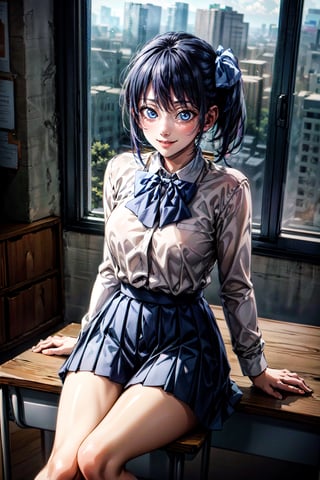 (best quality:1.4),  (detailed:1.3),  (RAW photo:1.2),  (realistic:1.3),  highres,  intricate, 8K quality , cinematic lighting, light skin, woman, beige school uniform,blue bow, blue eyes, bow, side ponytail, school uniform, blue hair,bowtie, short skirt, modern classroom, sitting on a desk, smiling ,minasenagisa