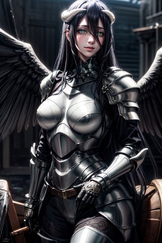 (best quality:1.4),  (detailed:1.3),  (RAW photo:1.2),  (realistic:1.3),  highres,  intricate, 8K quality , cinematic lighting, light skin, green pearl eyes, woman, black knight armour, black wings, (Pegasus, black:1.1), outside, happy,closed_mouth ,albedo