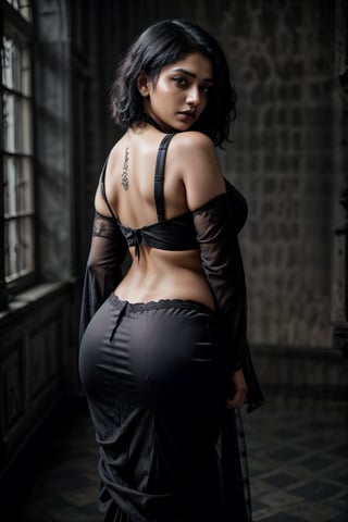 (realistic image , detailed woman , aeisthatic figure of woman , full saree woman  , detailed image of indian goth woman, gothic woman , detailed gothic indian woman face , dark black hair , horror image , horror back ground , ) beautiful indian gothic woman in black saree standing in dark room , detailed face , detailed fingers , thick body , black lipstic , traditional look,Gothic