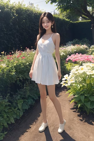 masterpiece, best quality, high resolution, an extremely delicate and beautiful girl, 
detailed face, clear face, smile, brown eyes, light brown and long straight hair, earrings, 
look at viewer, full body, slim body, medium breasts, (small-niipples), white skin, perfect hand, 
garden, nature, sunshines,