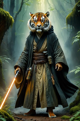 Art by Mandy Disher, digital art 8k, Jean-Baptiste Monge style, art by Cameron Gray, sacred land, dark forest, anthropomorphic angry tiger wearing black robe, dynamic pose, holding a lightsaber, close-up, masterpiece, best quality, high quality, moss, temple background, complementary colors, extremely detailed, volumetric clouds, stardust, 8k resolution, watercolor, Razumov style. Artwork by Razumov and Volegov, Artwork by Carne Griffiths and Wadim Kashin rutkowski repin artstation surrealist painting, 4k resolution blade runner, sharp focus, light emitting diodes, smoke, artillery, sparks, rack, system unit, artstation Surrealistic painting detailed figure concept art design matte painting