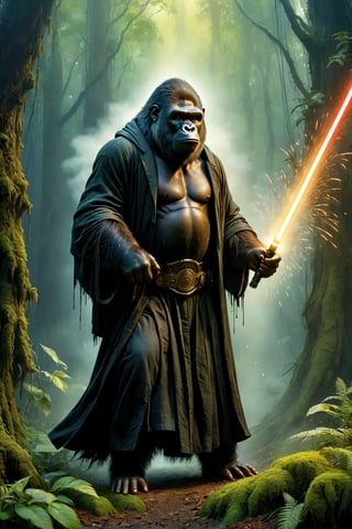Art by Mandy Disher, digital art 8k, Jean-Baptiste Monge style, art by Cameron Gray, sacred land, dark forest, anthropomorphic angry gorilla wearing black dress, black robe, dynamic pose, holding a lightsaber, close-up, masterpiece, best quality, high quality, moss, temple background, complementary colors, extremely detailed, volumetric clouds, stardust, 8k resolution, watercolor, Razumov style. Artwork by Razumov and Volegov, Artwork by Carne Griffiths and Wadim Kashin rutkowski repin artstation surrealist painting, 4k resolution blade runner, sharp focus, light emitting diodes, smoke, artillery, sparks, rack, system unit, artstation Surrealistic painting detailed figure concept art design matte painting