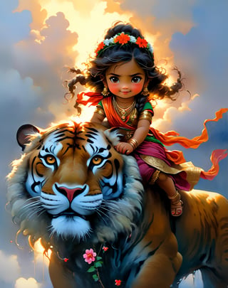 Ultra details, masterpiece, 32k, happy very beautifull cute adorable little teen happy girl Durga maa flower head goddess wearing traditional hindu sarees sitting sitting sitting on giant traditional warrior traditional giant tiger floting in Japan flower cgsocaity 21,anime style , 8k resolution photorealistic masterpiece, intricately detailed fluid gouache painting, by Jean Baptiste Monge, acrylic: colorful watercolor art, cinematic lighting, maximalist photoillustration, 8k resolution concept art intricately detailed, complex, elegant, expansive, fantastical, psychedelic realism, dripping paint, warrior cute goddess flower crown with very powerful weapon trident sitting sitting giant asthetic tiger in epic sky, can't believe how beautiful she is, tiny Golden shinning, perfect hand. 5 fingers, beautiful kind eyes, varieties poses. Different different poses, fully goddess Vibe, vibrant cenematic super super realistic ,Gopn1k, flying,sky sky moon weapon hand, wearing saree, beautiful saree , charming happy face, noble works, art in artstation, very cute adorable child sitting on giant lion,ANIME_MaMiSun_ownwaifu,Leonardo Style, illustration, 2 legs,vector art,more detail XL